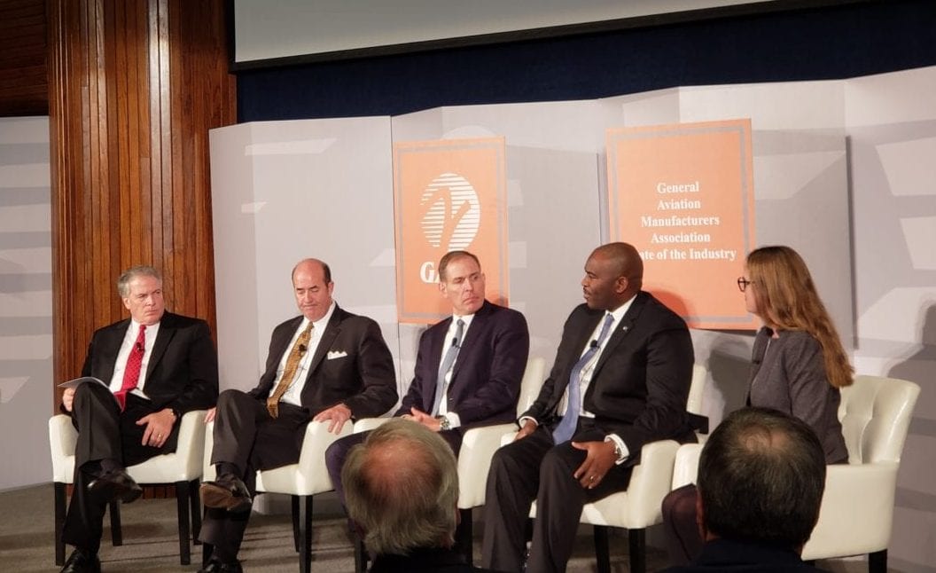 A panel at the GAMA state of the industry event. Left to right: GAMA's Pete Bunce, Gulfstream's Mark Burns, Jet Aviation's David Paddock, Boeing Global Service's William Ampofo and Terrafugia's Anna Dietrich. (AVI)