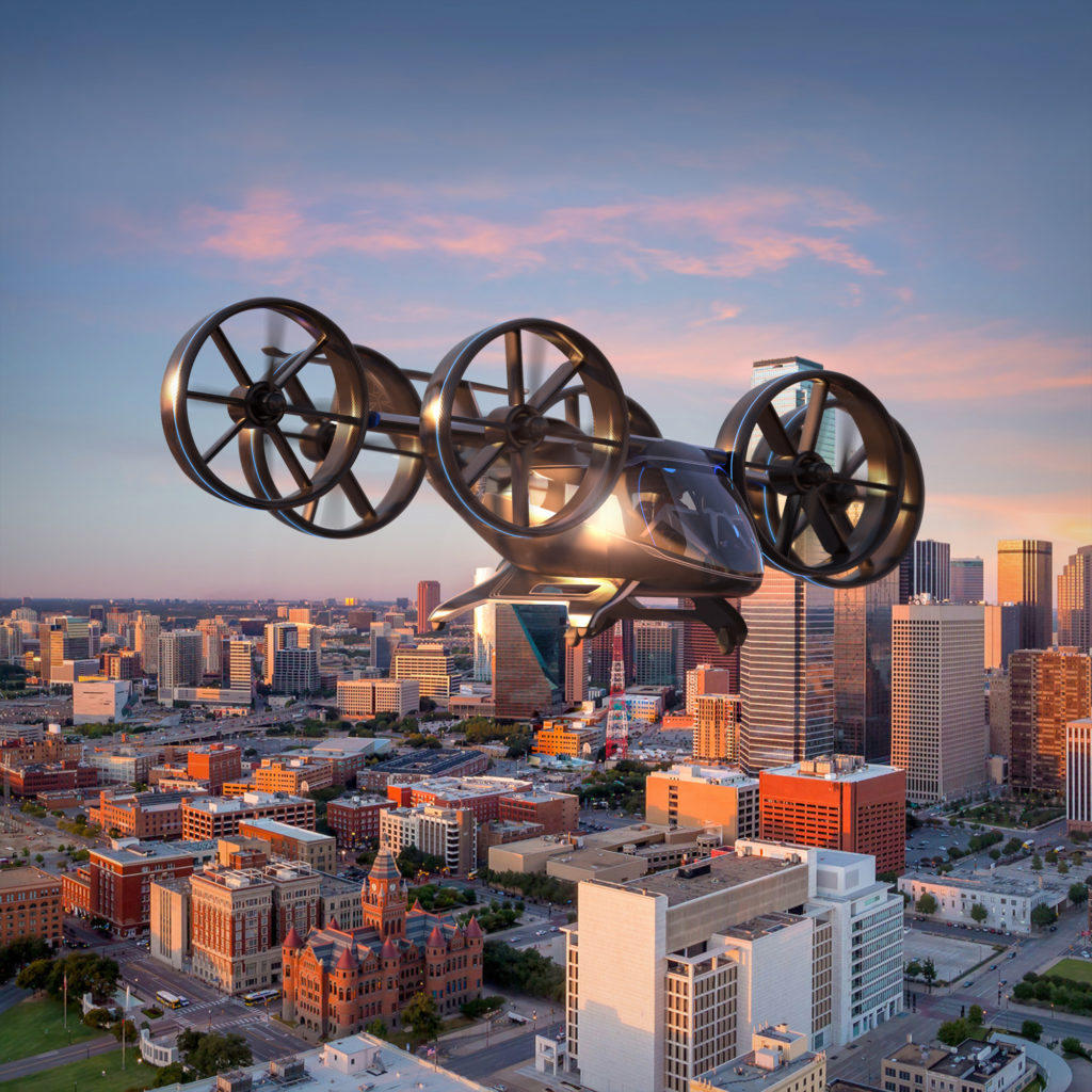 A rendering of the Bell Nexus air taxi flying over Dallas. (Bell)