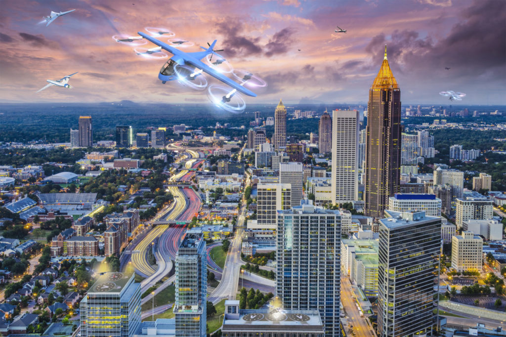 An illustration of downtown Atlanta, Georgia with air taxis in the skies. (NASA)