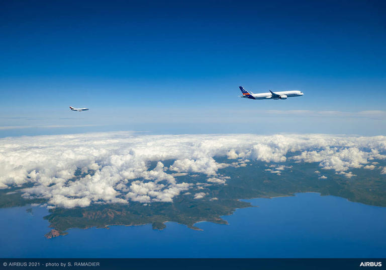 A 2021 flight of an Airbus A350 powered by Rolls-Royce Trent XWB engines using 100 percent sustainable aviation fuel on both engines with a German Aerospace Center (DLR) chase plane to measure emissions compared to Jet A-1 fuel. (Photo: Airbus)