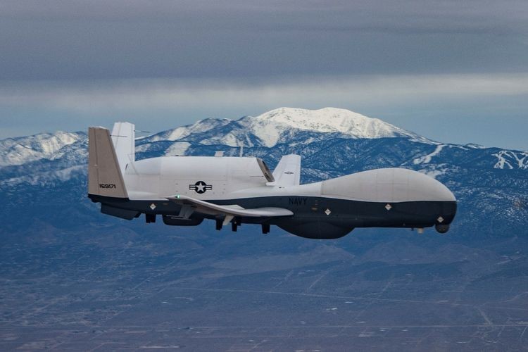 An MQ-4C named B8, the first production MQ-4C Triton upgraded to the IFC-4 configuration flies over California. It was delivered to the Naval Air Station Patuxent River, Md. on Feb. 1, 2022. (Photo: Northrop Grumman)