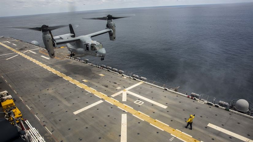 A Marine Corps MV-22B Osprey aircraft assigned to Marine Medium Tiltrotor Squadron 162, 26th Marine Expeditionary Unit, lands aboard the amphibious assault ship USS Kearsarge on Sept. 3, 2017 in preparation to support hurricane relief efforts. (Marine Corps photo by Cpl. Juan A. Soto-Delgado.)