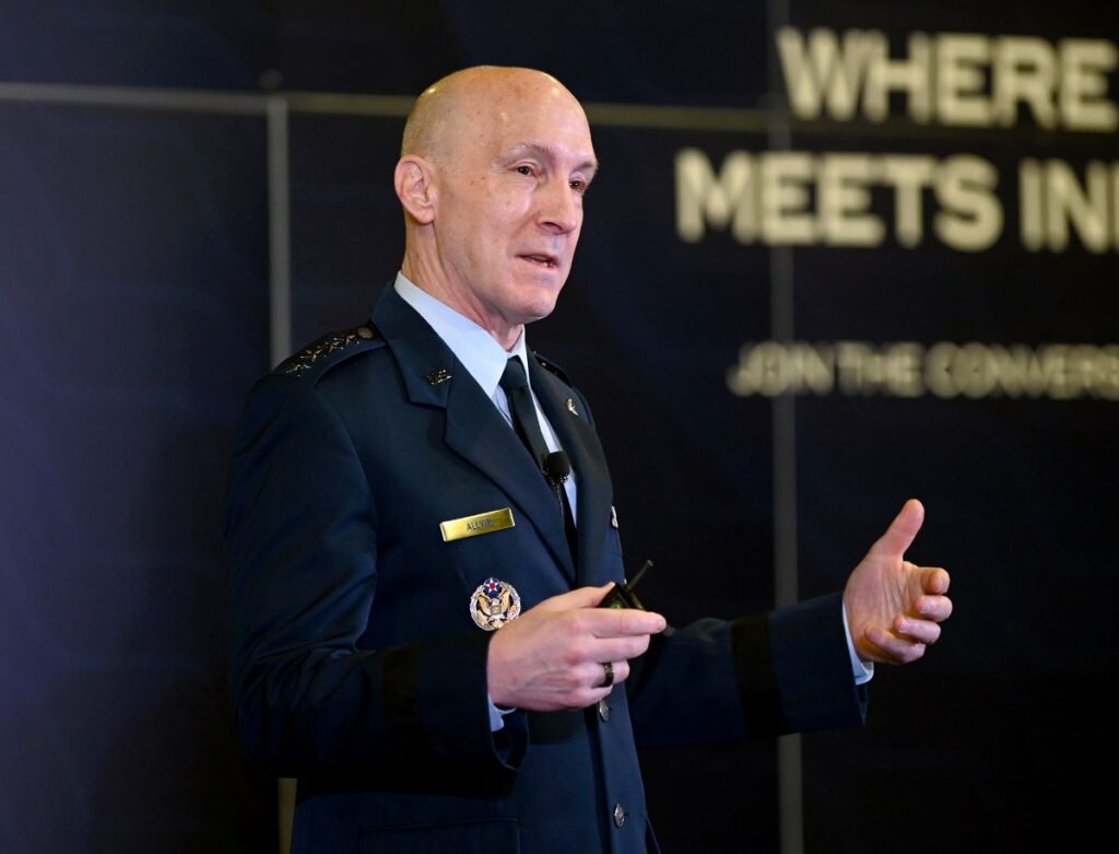 U.S. Air Force Chief of Staff Gen. Dave Allvin delivers a keynote address at the 2025 Apex conference at National Harbor, Md. on April 23 (U.S. Air Force Photo)