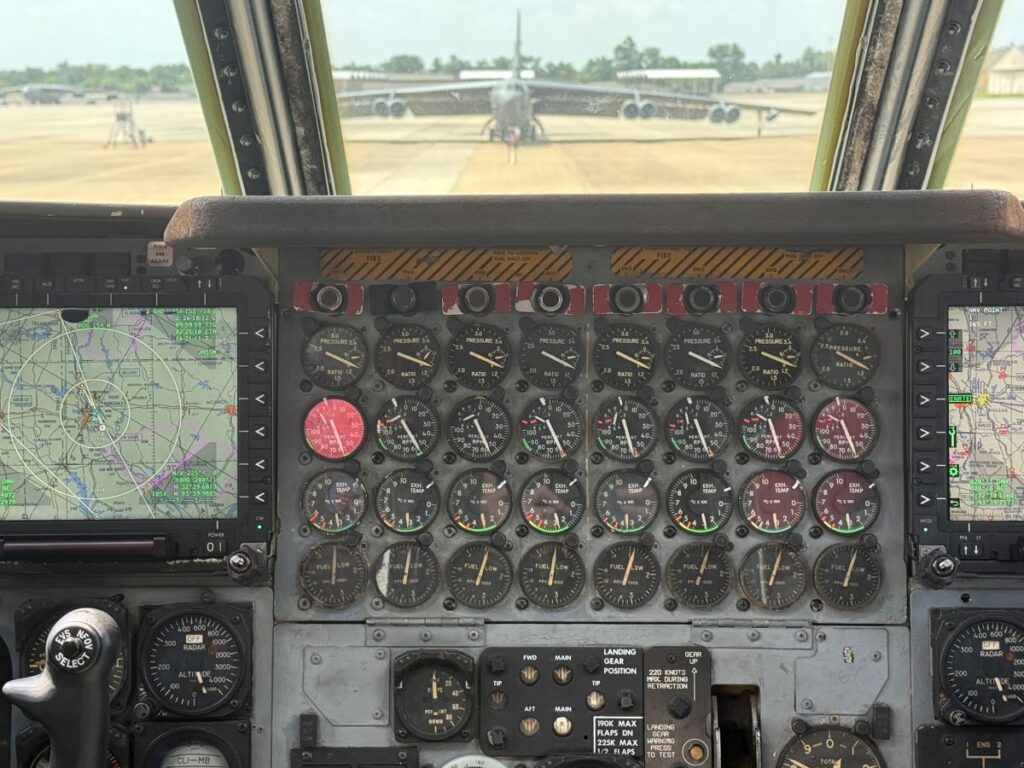 Pictured is a cockpit of a B-52H with the 93rd Bomb Squadron at Barksdale AFB, La. before take-off on June 17. The pilot's and co-pilot's Combat Network Communications Technology (CONECT) displays are at the sides of the photo.