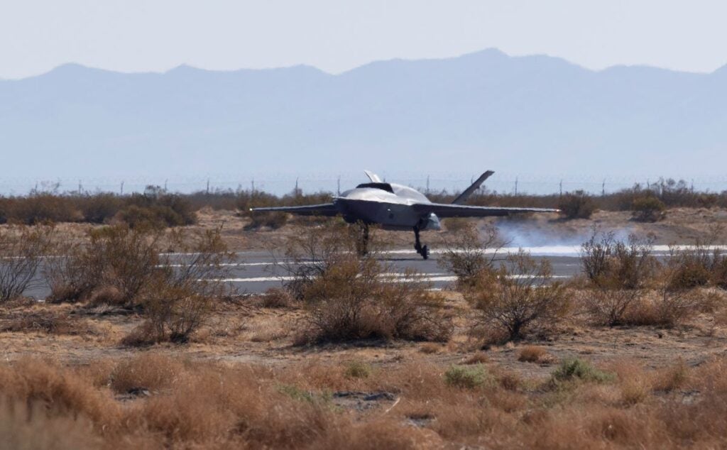 A YFQ-42A Collaborative Combat Aircraft lands after a test flight in California on Wednesday (U.S. Air Force Photo)