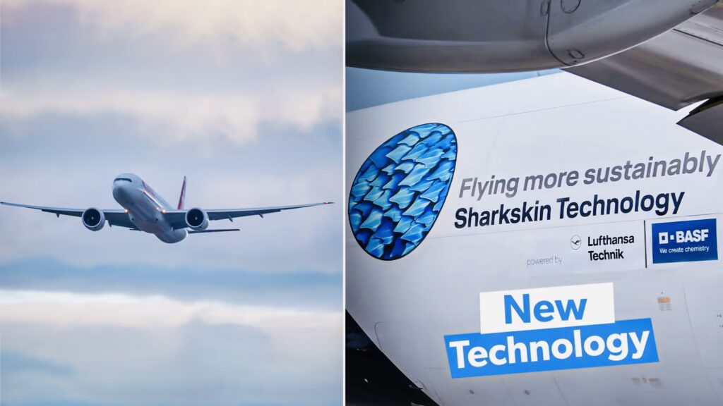 Pictured: Left, an Airbus A330 airliner. Right, a Boeing 777F with the AeroSHARK skin added to reduce drag. (Photo: Lufthansa Technik)