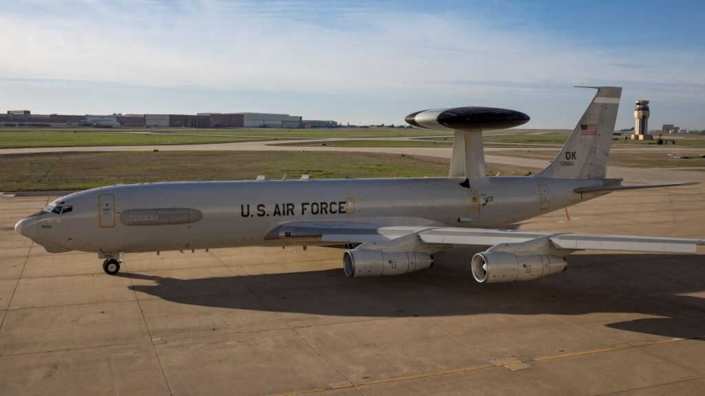 Pictured is a U.S. Air Force photo of an E-3 Sentry aircraft before taking off from Tinker AFB, Okla. on Apr. 6, 2023 on its way to the boneyard at Davis-Monthan AFB, Ariz. as the first AWACS to retire.