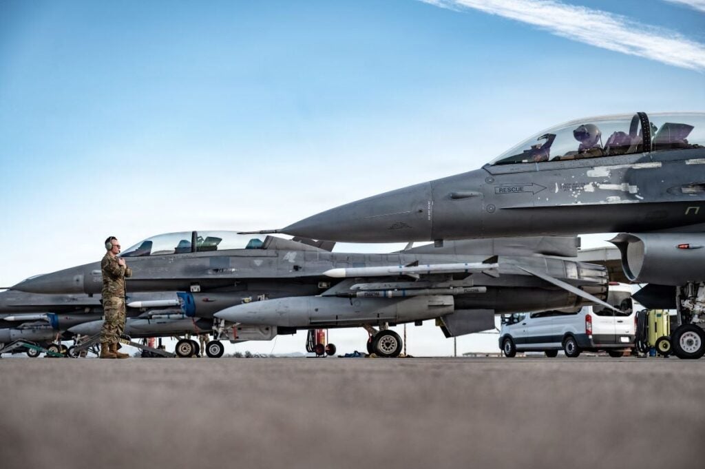Pictured is a U.S. Air Force photo of F-16s with the 49th Fighter Wing, as they prepare for take-off from Luke AFB, Ariz. on Jan. 29, 2-26.