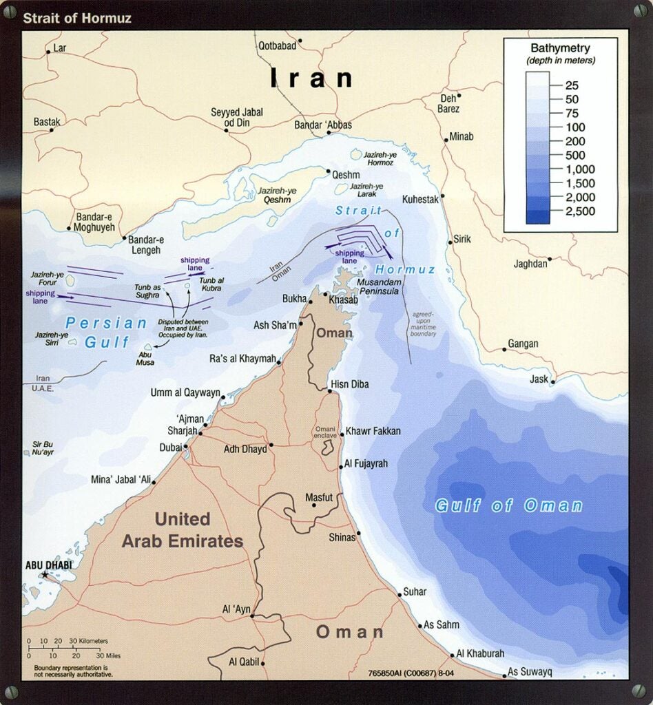 The Strait of Hormuz, showing political boundaries and shipping lanes. (Map: University of Texas Libraries, 2004).