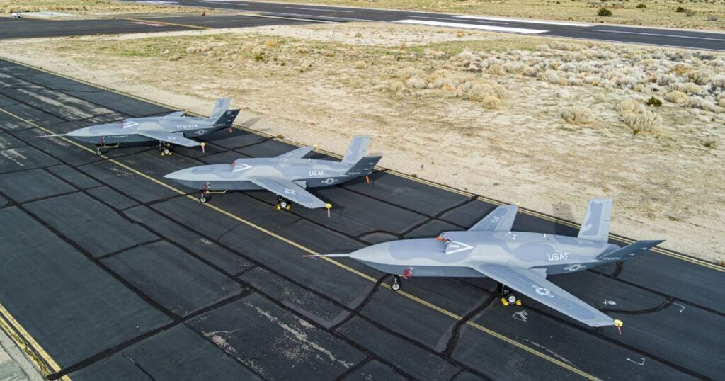 Pictured is a General Atomics' photo of the company-built YFQ-42A Dark Merlin aircraft.