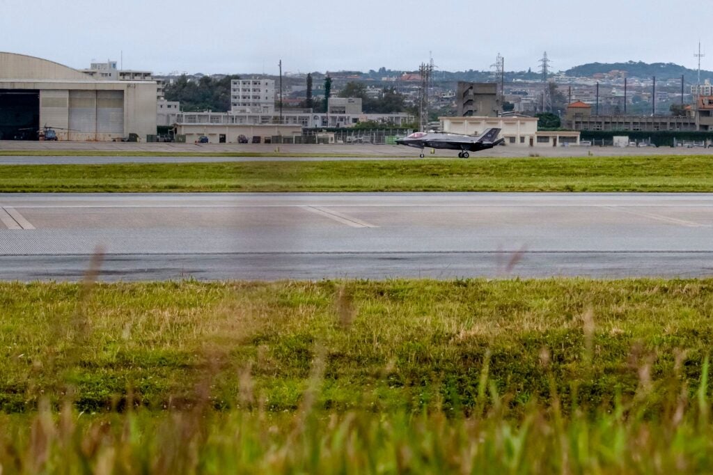 Pictured is a U.S. Air Force photo of an F-35A with the 356th Expeditionary Fighter Squadron, as the aircraft lands at Kadena Air Base Japan on March 30.