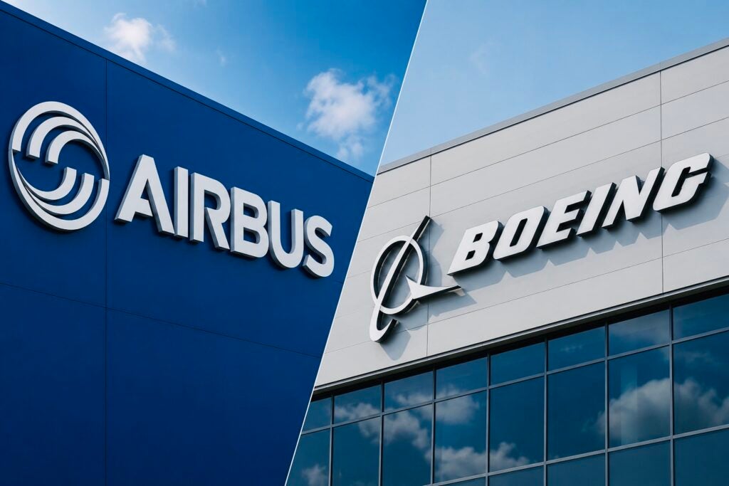 Logos of Airbus and Boeing on their respective buldings/headquarters.