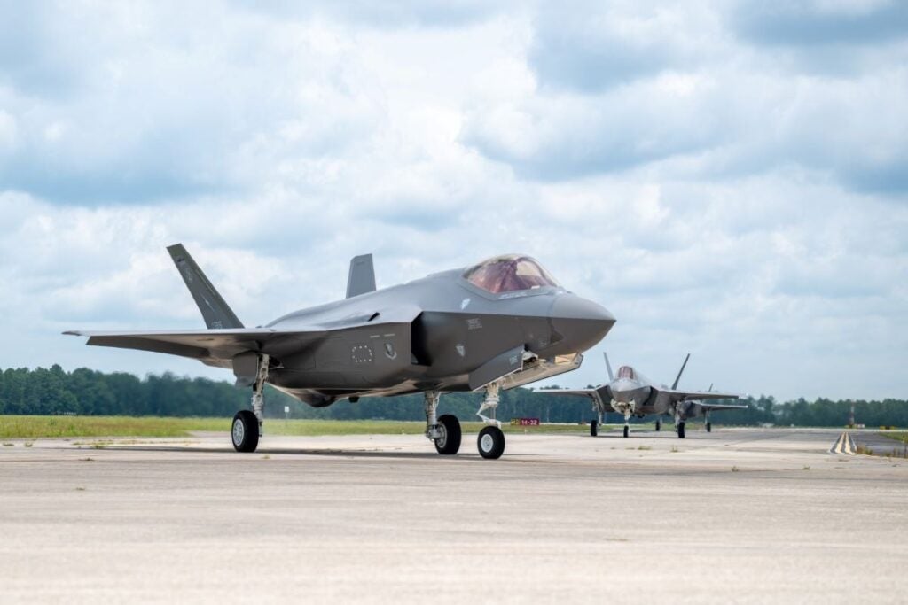 Pictured is a U.S. Air Force photo of F-35A fighters at Jacksonville Air National Guard Base, Fla. on July 9, 2025.