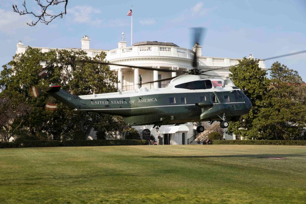 U.S. Marine pilots with Marine Helicopter Squadron One practice landing and take-off of Marine One on the south lawn of the White House in Washington, D.C., March 18, 2017. (U.S. Marine Corps photo by: Lance Cpl. Micha R. Pierce)